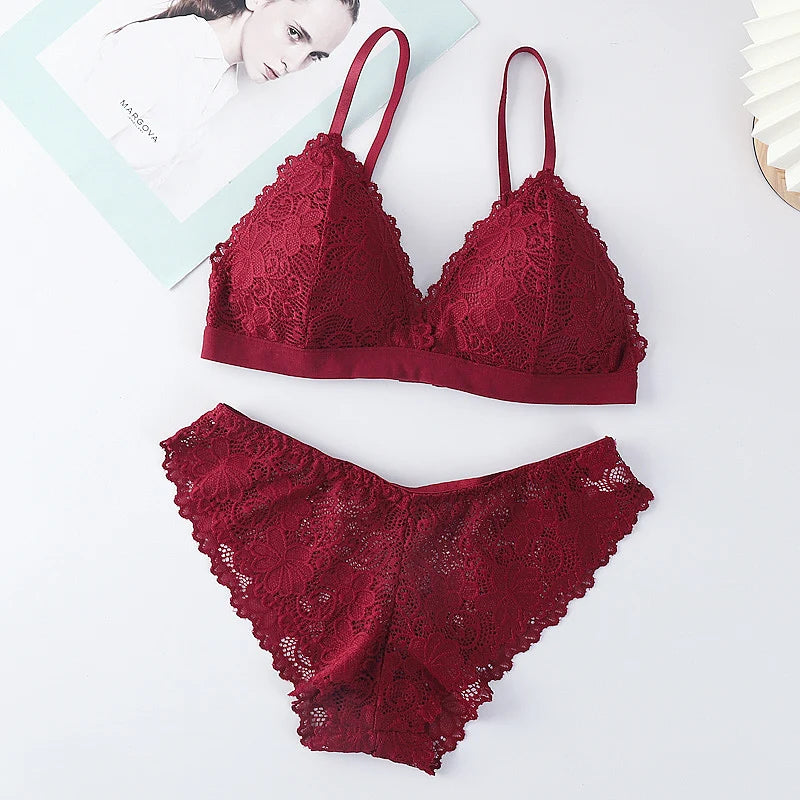 Women Lace Bra And Panties Set V-neck Push Up Bralette Sexy Lingerie Low Waist Briefs Female Non-wire Brassiere Underwear Set - Matrix-studios.com
