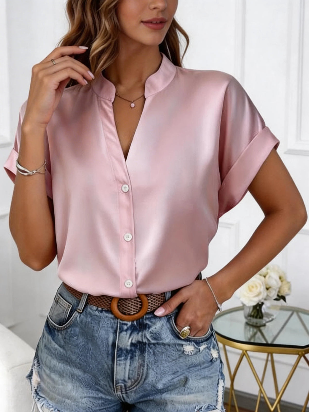 European Style Simple V-Neck Blouse for Women - Summer Short-Sleeved Loose-Fitting Slimming Professional Business Shirt - Matrix-studios.com