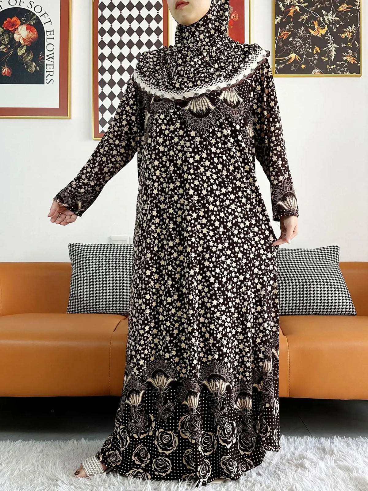 2023 Muslim Solid Cotton Abaya For Women Ramadan Prayer Garment Joint Hat Dubai Turkey Middle East Femme Robe Floral Loose Dress - Matrix-studios.com