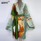 2022 WINYI Summer Beach Wear Swim Suit Cover Kaftan Sweet Lady Boho Cardigan Stitch Self Belted Sexy Holiday Long Sleeve Kimono - Matrix Studios