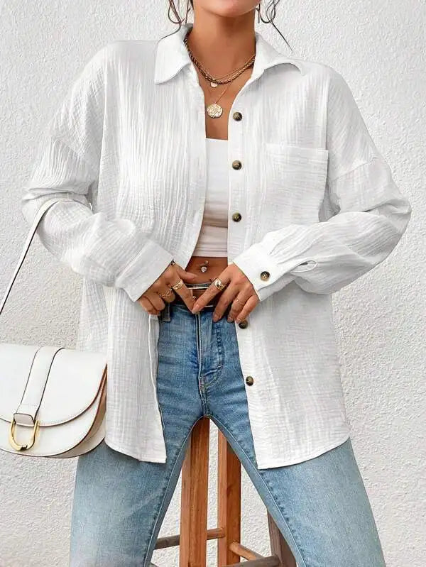 Summer 100% Cotton Women Shirts Casual Turn Down Collar Shirt Top Long Sleeve Top Office Lady Elegant Blouses for Women Blusas - Matrix-studios.com