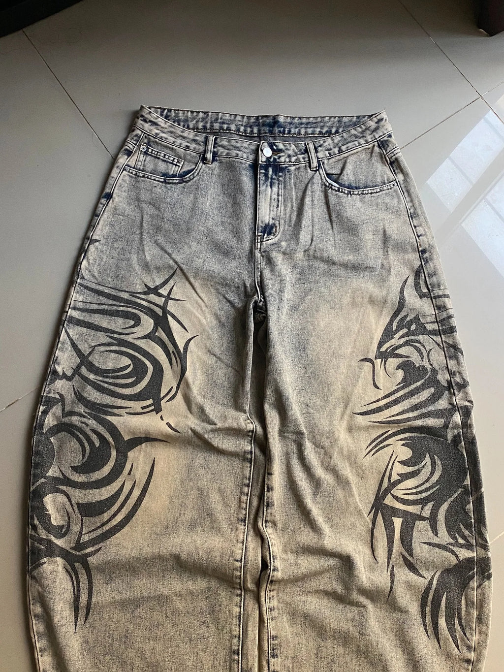 American Retro Streetwear Y2K Gray Printed Loose Jeans Hip Hop Harajuku Casual Washed Distressed Straight Floor Mopping Pants - Matrix Studios