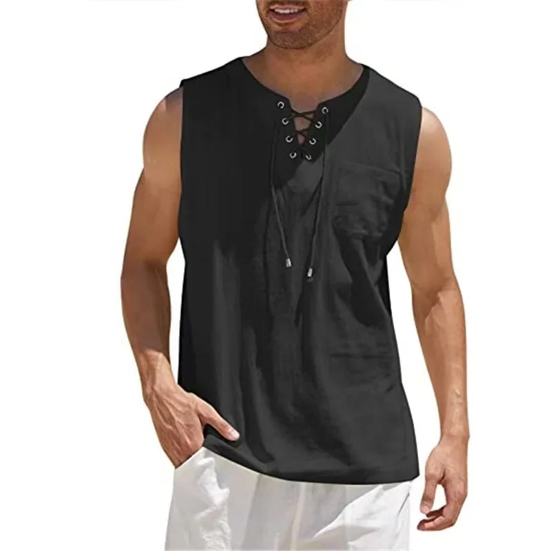 Cotton Linen Shirts Men's Casual Sleeveless Vest Lace Up Shirts Retro V Neck Tank Tops Loose Shirt Male Solid Color Clothes - Matrix Studios