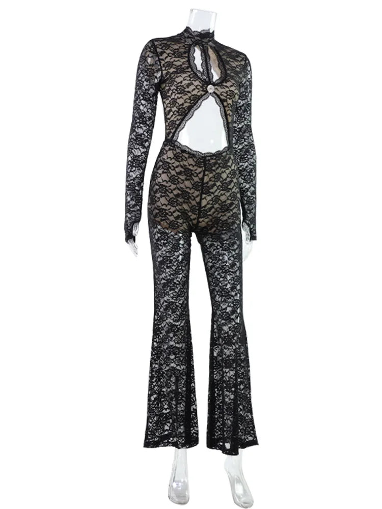Ahagaga Sexy Club Women's Jumpsuits Lace Patchwork Regular Long Sleeves Hollow Out Skinny Streetwear Backless Turtleneck Rompers - Matrix Studios
