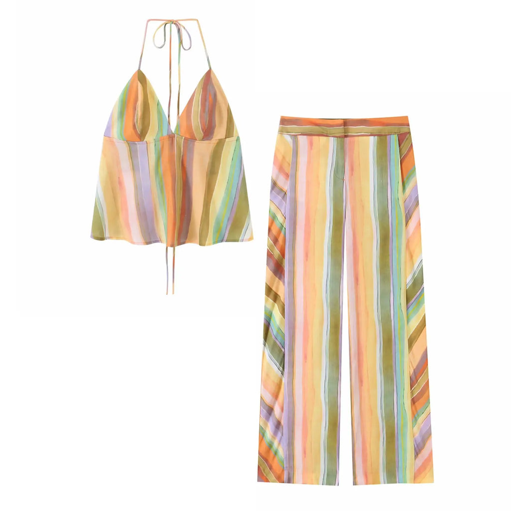 HH Fashion 2026 Women's Colorful Striped Two-Piece Set Summer Halter Neck Crop Top+Wide Leg Pants Resort Beach Outfit - Matrix-studios.com
