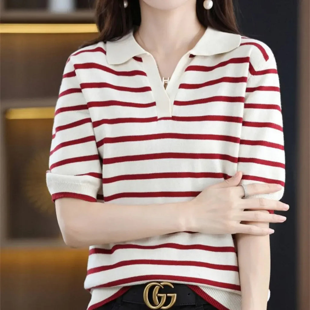 WinvyNee Summer Short Sleeve Women's Solid Polo T-shirt Casual Cotton Striped Top Women's Clothing Casual Knitted Tops A1002001A - Matrix-studios.com