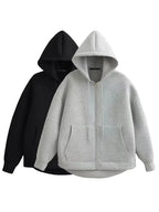 HH Autumn Women Casual Hooded Jacket Loose Oversize Zipper Hoodie Sweatshirts Solid Coat Office Lady Chic Outwear Tops - Matrix Studios