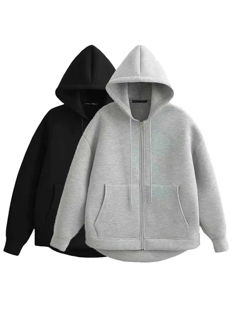 HH Autumn Women Casual Hooded Jacket Loose Oversize Zipper Hoodie Sweatshirts Solid Coat Office Lady Chic Outwear Tops - Matrix Studios
