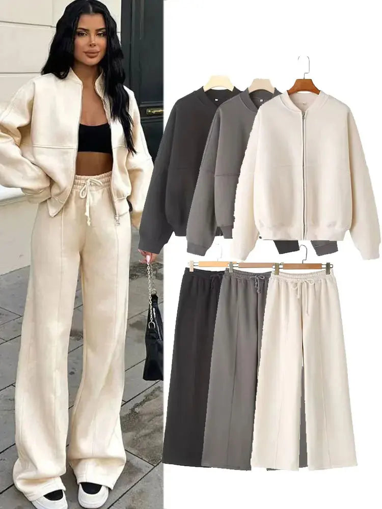 HH Women's Fall 2-Piece Retro Solid Color Zip Bomber Jacket Sweatshirt+High Waist Lace Up Women's Wide Leg Pants Street Wear - Matrix-studios.com