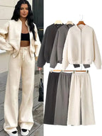 HH Women's Fall 2-Piece Retro Solid Color Zip Bomber Jacket Sweatshirt+High Waist Lace Up Women's Wide Leg Pants Street Wear - Matrix-studios.com