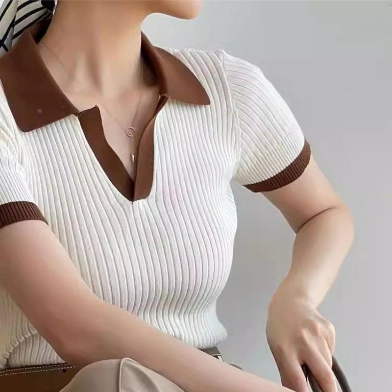 REALEFT Summer Patchwork French Style Polo Women's T-shirts 2025 New Short Sleeve Knitted Slim Shirts Knitwear Tops Female - Matrix-studios.com