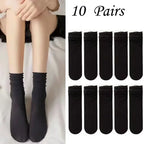 10 Pairs Kawaii Women's Ice Silk Socks - Medium Tube Solid Color Stacked Style, Breathable & Soft Casual Socks - Matrix Studios