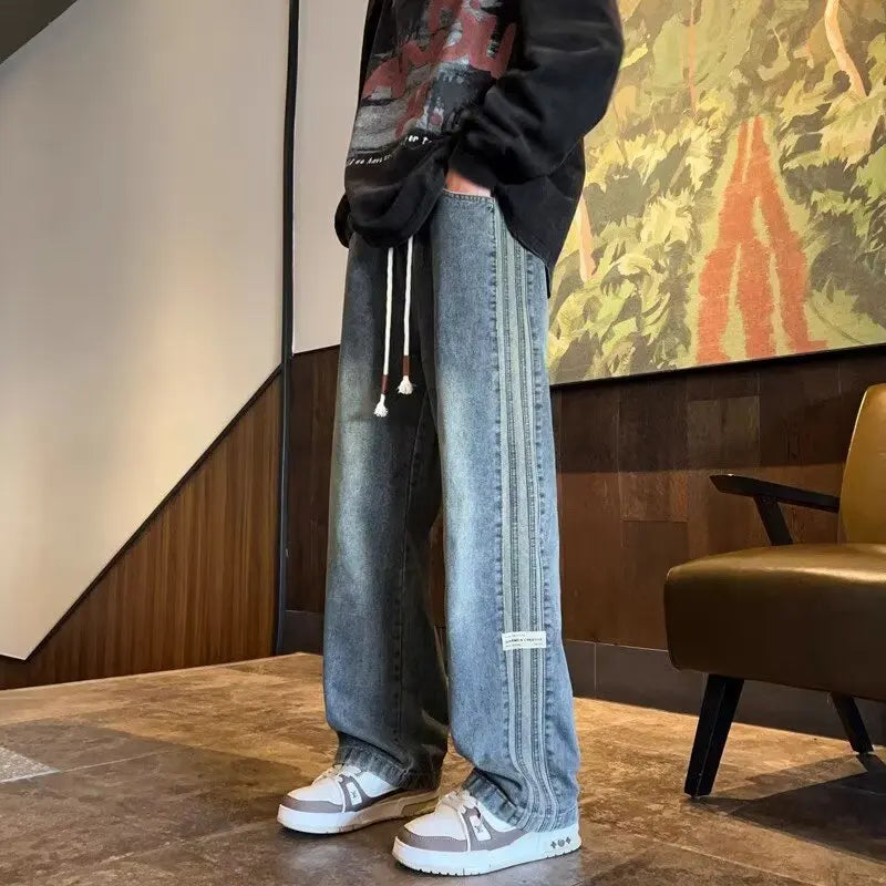 Three bar American retro jeans men's spring and autumn new style high street elastic waist loose casual men's straight leg long - Matrix Studios