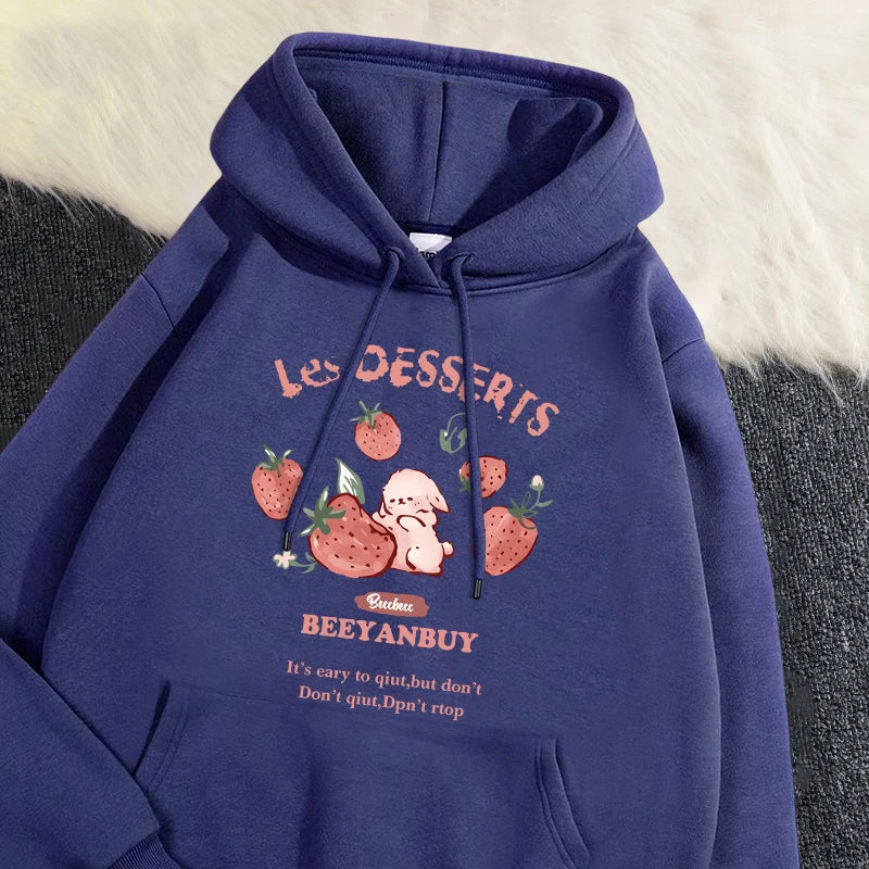 Fashion Women'S Hoodie Cute Strawberry And Rabbit Printed Sweatshirt Pocket Soft Warm Breathable Pullover Autumn Winter Hoody - Matrix Studios