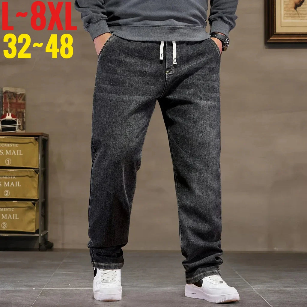 Extra Big Size Jeans Men High Elastic Waist Baggy Denim Pant Male Plus Large Loose Slim Fit Cowboy Trouser 8XL 6XL Classic Black - Matrix Studios