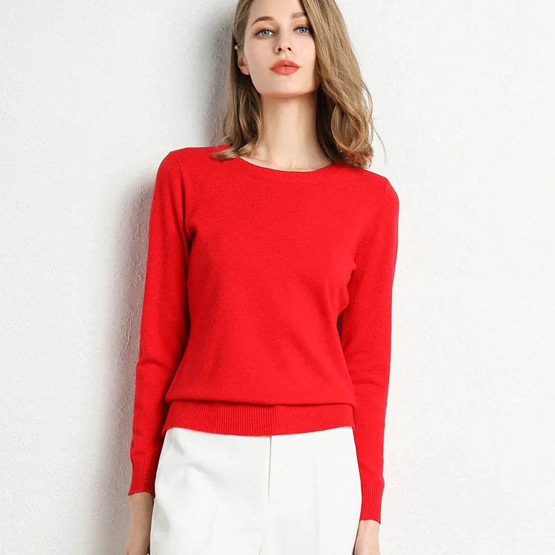 Women Slim O-Neck Pullover Cashmere Wool Blending Sweater Autumn And Winter Long-Sleeved Knit Bottoming Shirt Large Size 2024 - Matrix Studios