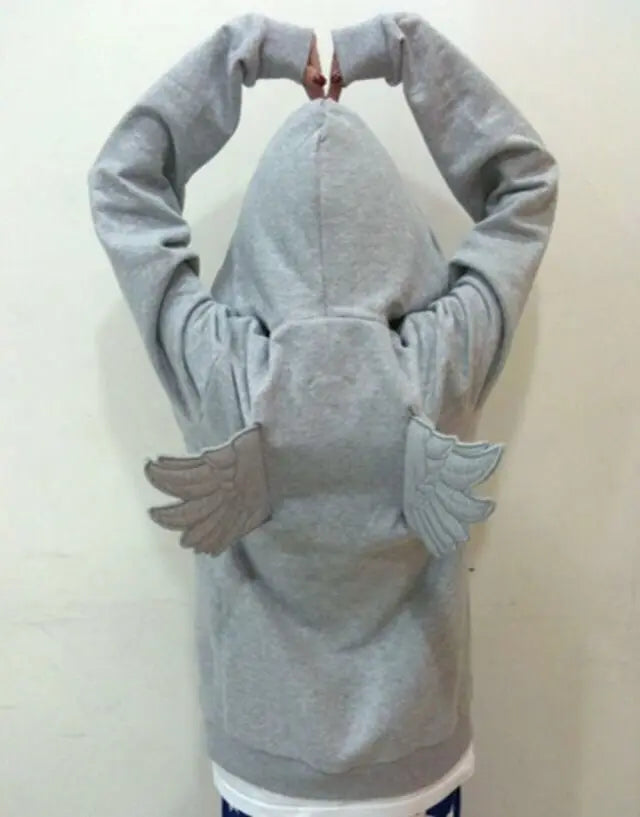 Women Grey Angel Wing Embroidered Hoodie Cute Kawaii Pullover Sweatshirt Wing Decoration Back Y2K Street Harajuku Loose Pullover - Matrix Studios
