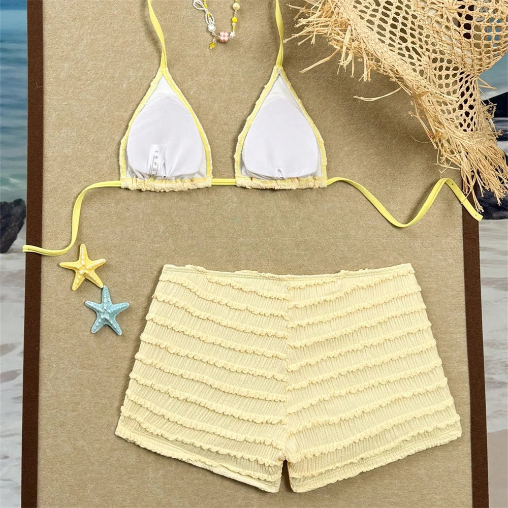 Kawaii Layered Shorts Set Bikini Sequins Star Swimsuit Women's Bikinis and Tankinis Backless Vacation Swimwears Beachwear Outfit - Matrix-studios.com