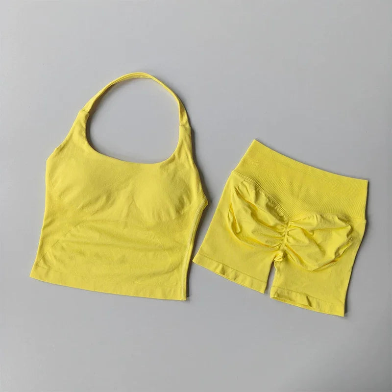 Yoga 2 Pieces Gym Set Women Backless Halter Tops High Waist Seamless Shorts Gym Suit Fitness Sports Bras Sportswear Workout Sets - Matrix-studios.com