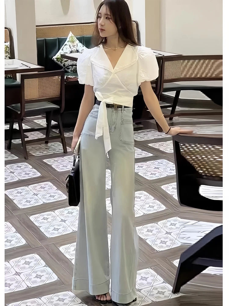 Light Wa Wide Leg Oversized Jeans Women's Small Size Loose Slimming Lazy Versatile Drapey Flared Floor-Length Trendy Pants