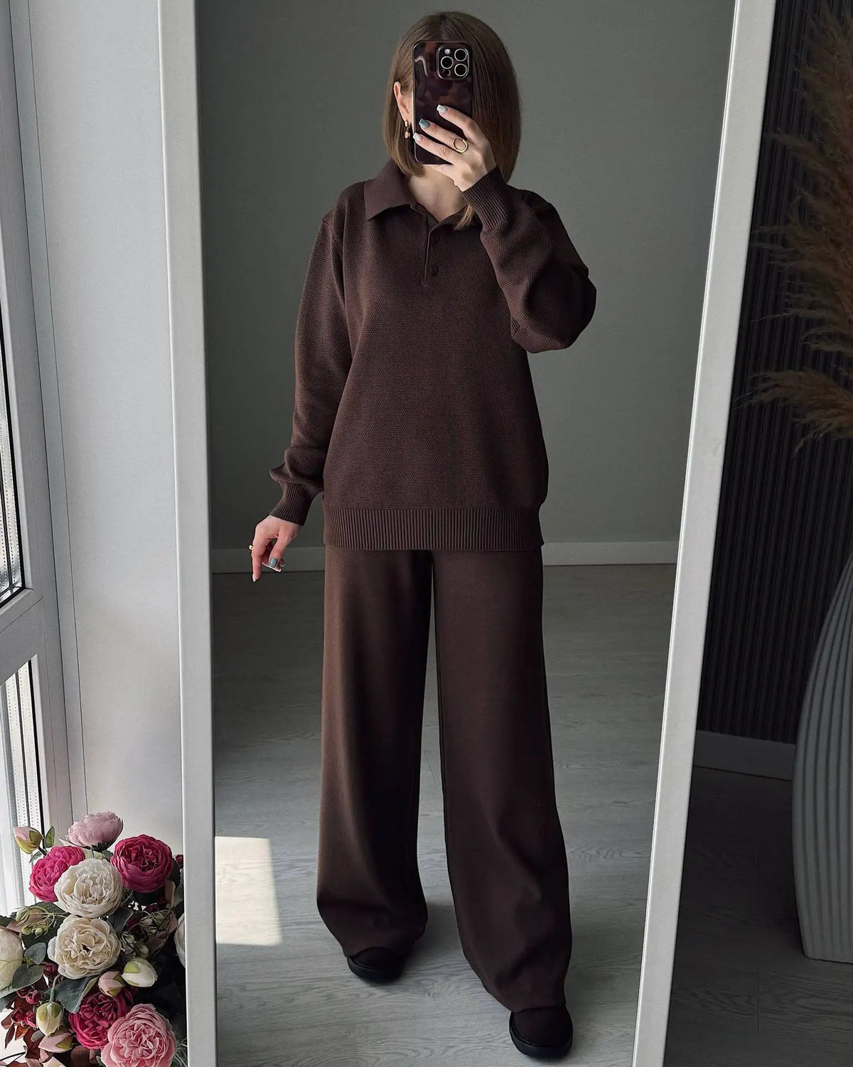 Hirsionsan Winter Thick Women Knitted Suits Soft 2 Pieces soft Female Sets Polo Neck Sweater & Wide Leg Pants Knitted Outfit - Matrix-studios.com