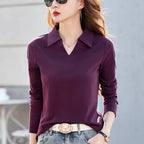 New Women Spring Summer Long Sleeve Cotton T-shirt Fashion Turn-down Collar Loose Polo Tees Simplicity Casual Basic T-shirt - Matrix-studios.com