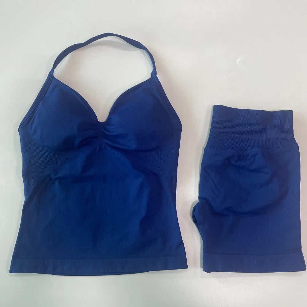 No Logo 2Pcs Gym Set Women Backless Tank Tops High Waist Scrunch Seamless Shorts Gym Suit Fitness Clothes Activewear Workout Set - Matrix-studios.com