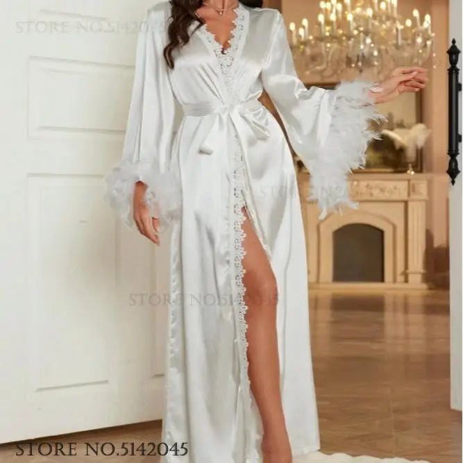 Luxury Long Bride Wedding Robe Dress with Feather Elegant Ice Silk Long Kimono Bathrobe Gown Yukata Sexy Loose Homewear Pajama - Matrix-studios.com