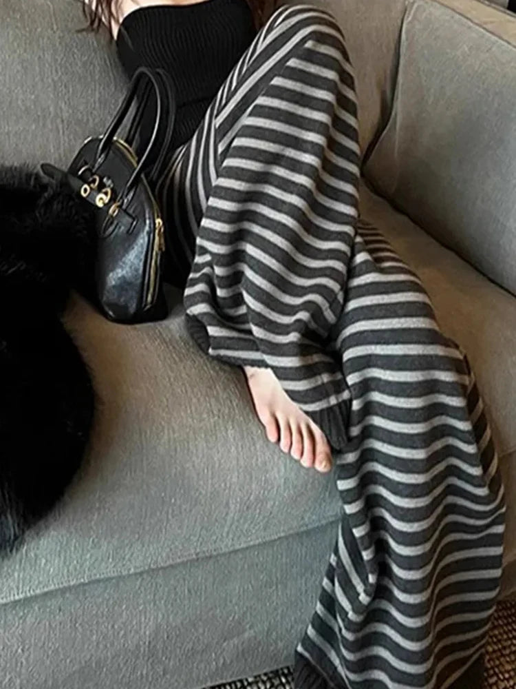 Harajuku Contrast Color Striped Women Wide Leg Pant Vintage Grunge Loose Knitted Pant Y2K American Casual Lady Straight Trousers - Matrix-studios.com