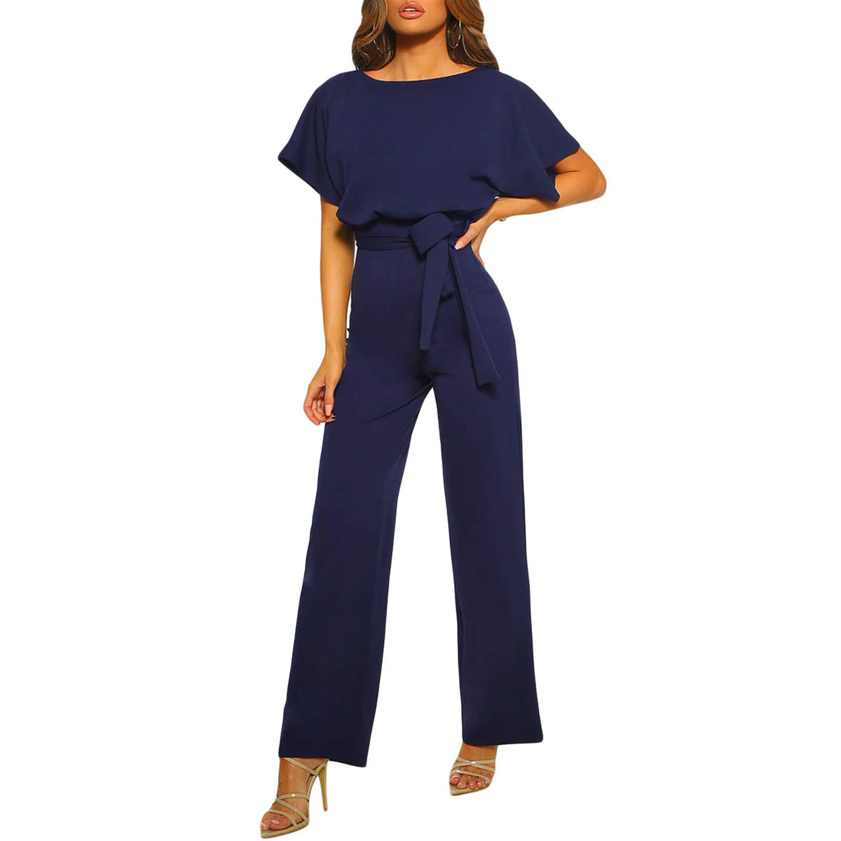 Women Jumpsuits Elegant Solid Color Flare Short Sleeve Waist Tie Wide Leg Pants Romper Summer Streetwear - Matrix Studios