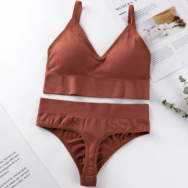 Qisin French Backless Push Up Underwear Set Women Sexy Seamless Bralette Female Lingerie Soft Tank Crop Top Gym Sport Bra Set - Matrix-studios.com
