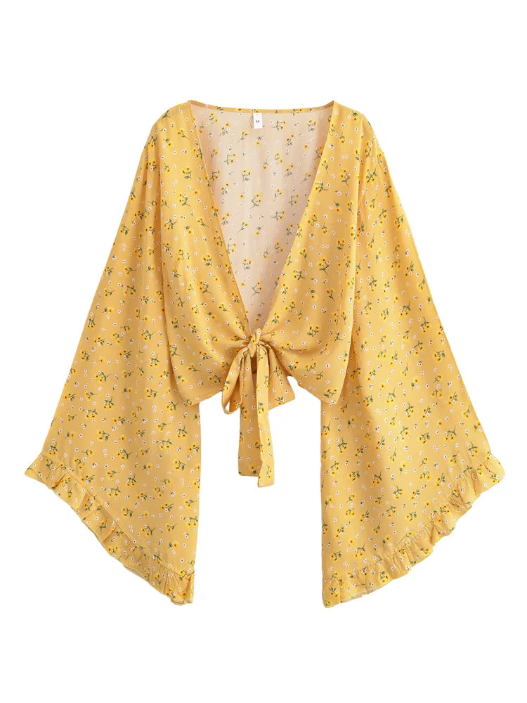 Vintage Fashion Women Yellow Floral 2025 Beach Summer Short Kimono Ruffles Flare Sleeves Vacation Bohemian Bikini Boho Cover-ups - Matrix Studios