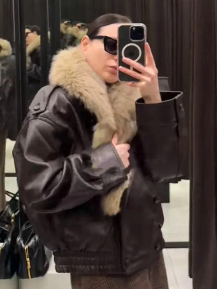 Women Vintage Fur Collar Leather Jacket Lapel V-neck Full Sleeve Double Breasted Bomber Jackets Lady Winter High Street Outwears - Matrix Studios