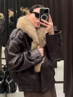 Women Vintage Fur Collar Leather Jacket Lapel V-neck Full Sleeve Double Breasted Bomber Jackets Lady Winter High Street Outwears - Matrix Studios