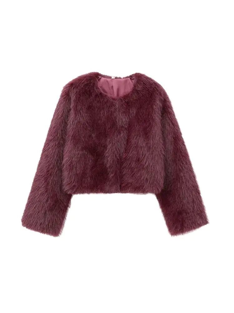Women's Thick Warm Faux Fur Cropped Jacket, O Neck, Long Sleeve, Female Outerwear, Chic Tops, Fashion - Matrix Studios