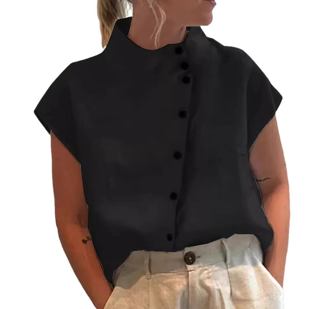 Summer Cotton Short Sleeve Blouse Women 2025 Fashion Button Stand Collar Loose Shirts And Blouses Tops Casual - Matrix-studios.com