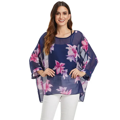 BHflutter White Blouse Shirt Women Fashion Batwing Casual Summer Tops Tees Ladies Print Chiffon Blouses Streetwear Plus Size - Matrix-studios.com