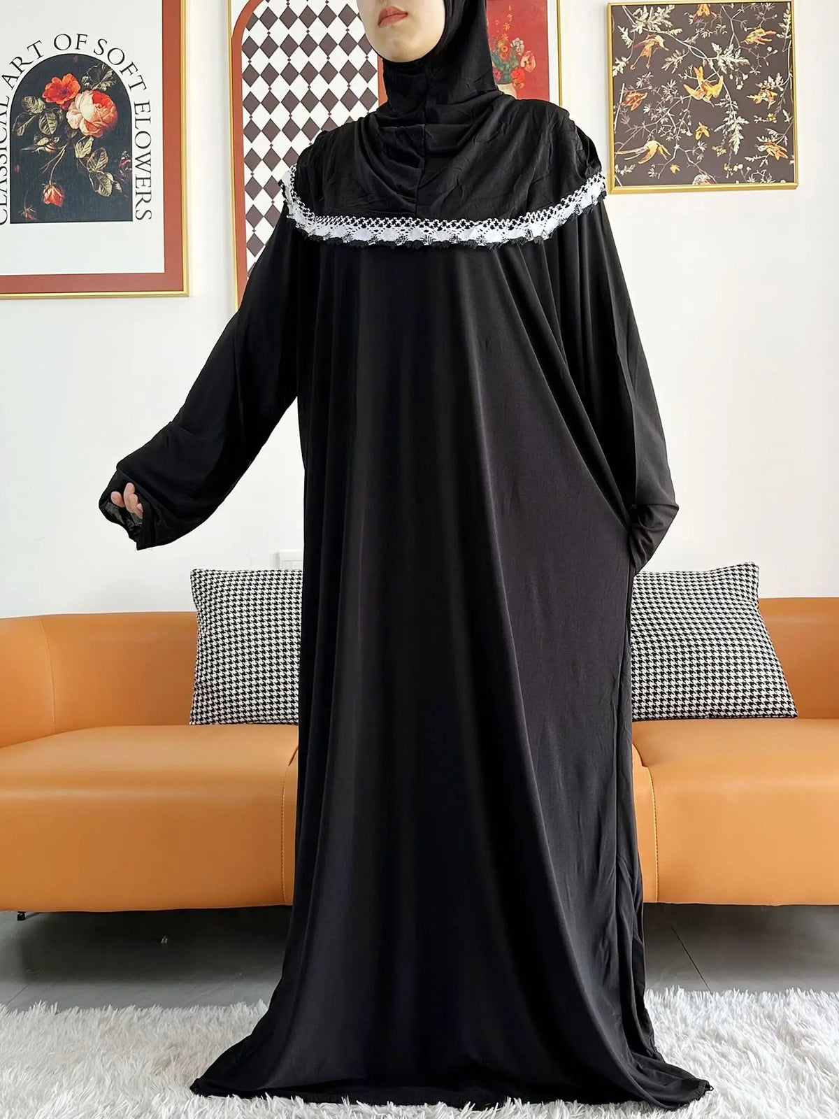 2023 Muslim Solid Cotton Abaya For Women Ramadan Prayer Garment Joint Hat Dubai Turkey Middle East Femme Robe Floral Loose Dress - Matrix-studios.com