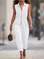Streetwear Jumpsuit For Women Fashion Sleeveless Zipper Turn-down Collar Long Pants Jumpsuits Lady Casual Solid Women's Clothing - Matrix Studios