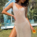 Sexy Style Solid Color Backless Slip Dress Women Vacation See-Through Swimsuit Cover Up Knitting High Slit Beach Dress - Matrix Studios