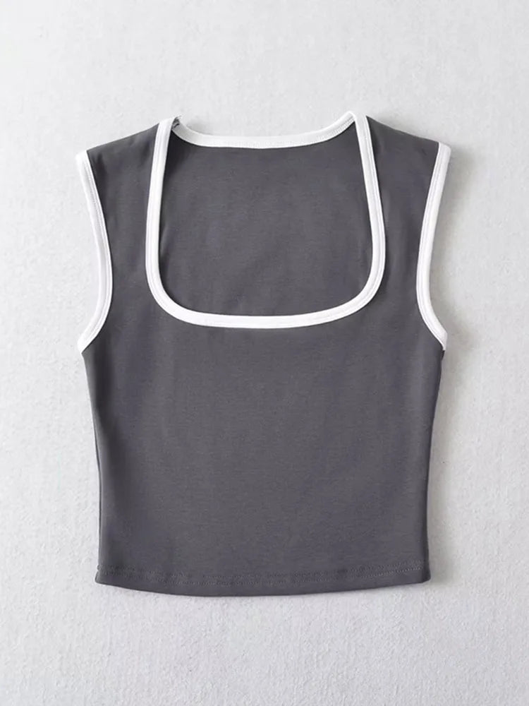 Woman Fashion Slim Solid Contrust Camis Casual Sleeveless Tanks Square Collar Crop Tops Clothing Streetwear Mujer 2024 Y2k - Matrix-studios.com