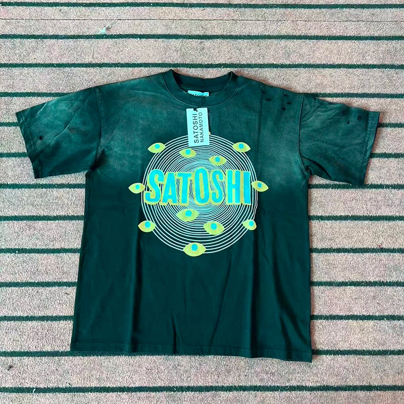 Multi-styles Satoshi T-shirt Loose Fit Oversized High Street Vintage Washed Distressed Letter Print Men's Short Sleeve T Shirt - Matrix-studios.com