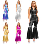 Adult Womens 70s Disco Rompers Lapel V Neck Sleeveless Front Zipper Sequins Bell Bottom Long Pants Jumpsuit Retro Jazz Dancewear - Matrix Studios
