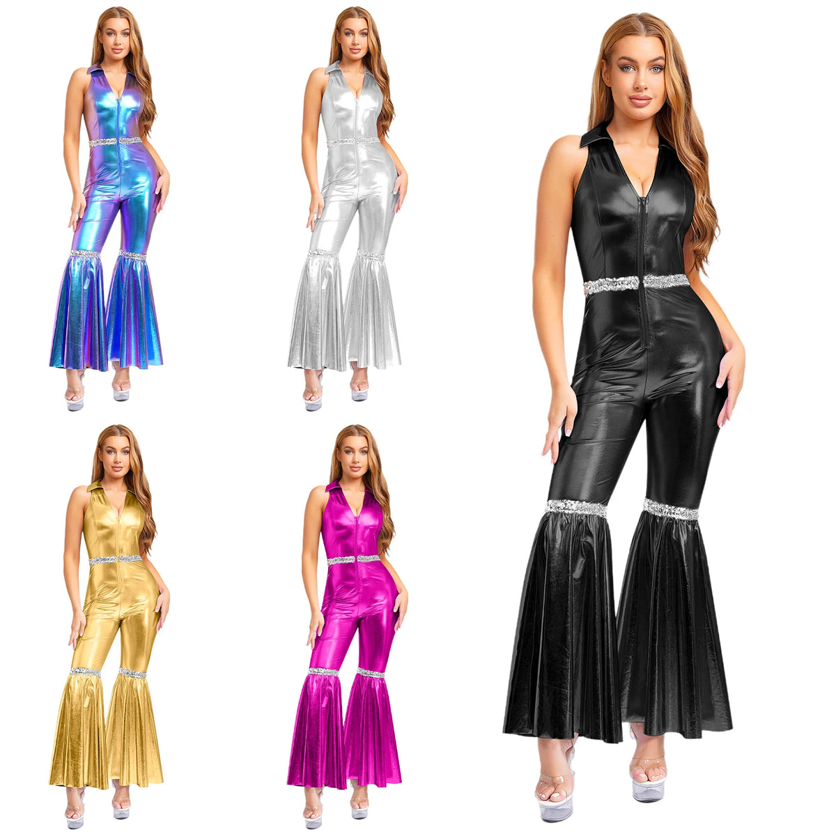 Adult Womens 70s Disco Rompers Lapel V Neck Sleeveless Front Zipper Sequins Bell Bottom Long Pants Jumpsuit Retro Jazz Dancewear - Matrix Studios