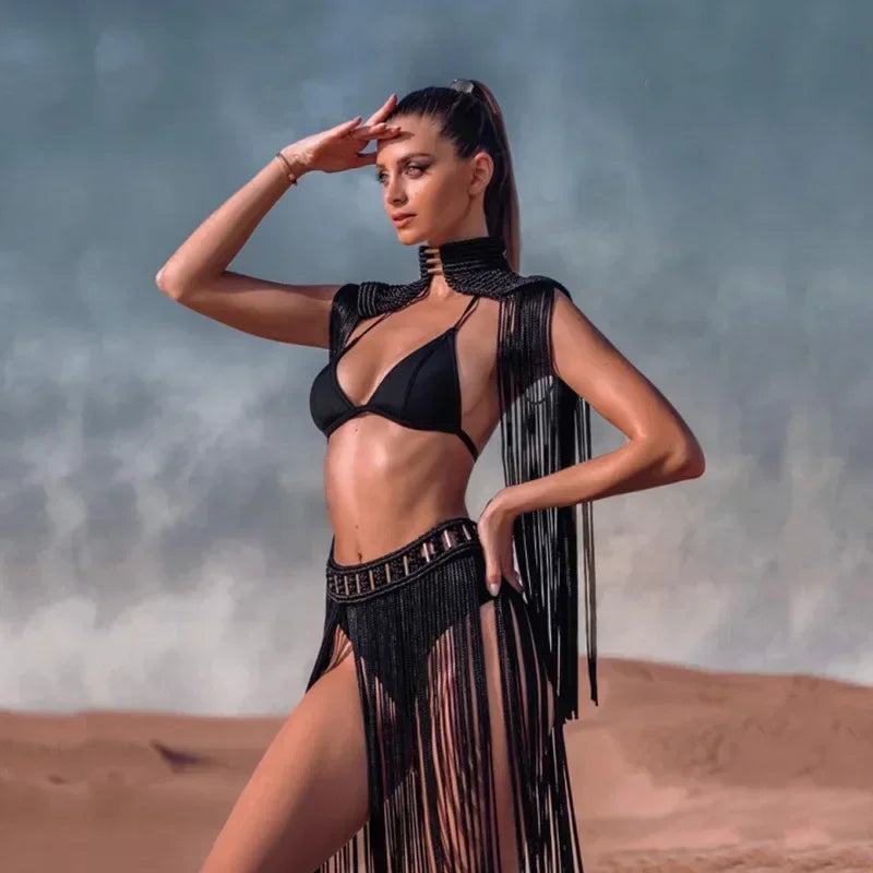 Leosoxs Hand Crochet Knitted Women Bikini Cover Ups Summer Holiday Tassel Beach Bathing Suit Sexy Hollow Out Skirts Matching Set - Matrix Studios
