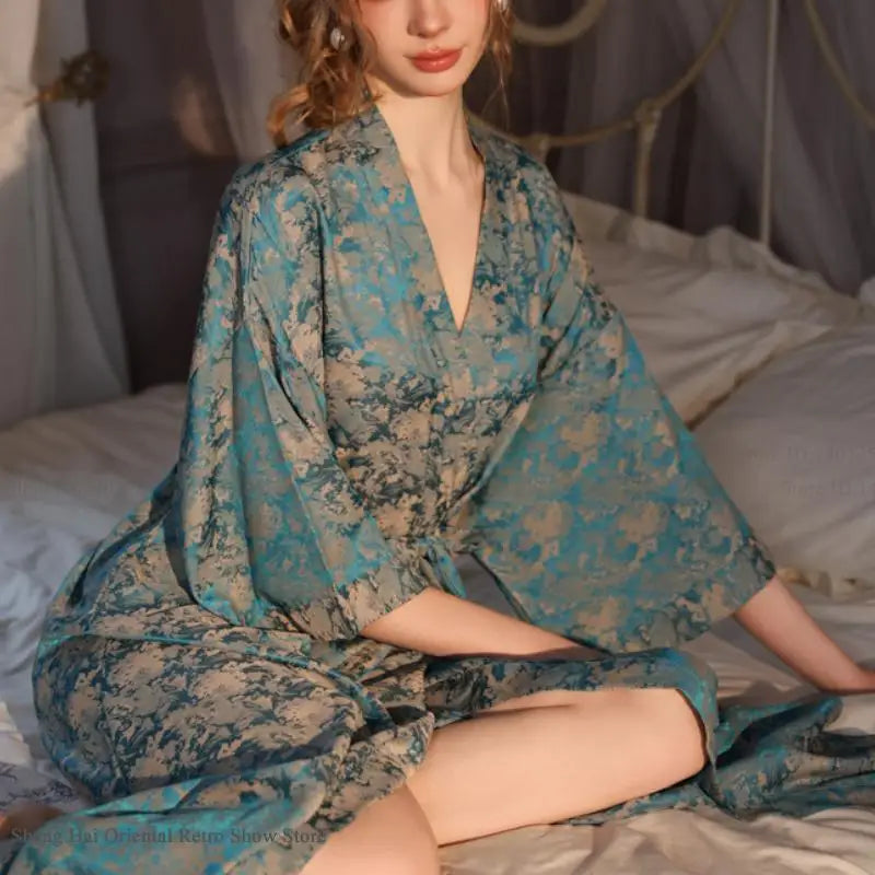 Luxury Jacquard Long Robe Nightgown Women Half Sleeve Kimono Bathrobe Gown Satin Ice Silk Sleepwear Sexy Home Dress Lounge Wear - Matrix-studios.com
