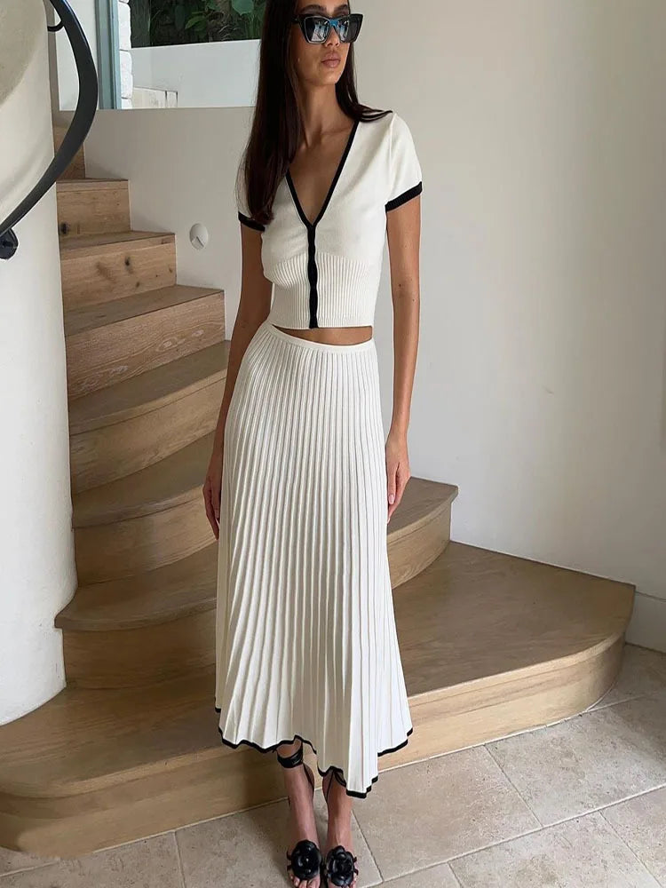 2024 Summer Women White long Skirt Suit Short Sleeve V-neck crop top pleated set elegant dress 2 piece skirt set Plus Size S-3XL - Matrix-studios.com