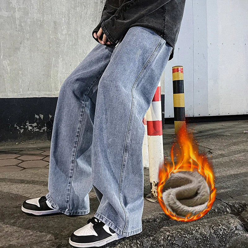 Men's Winter Fleece Loose Jeans Velvet Warm Elastic Waist Wide Leg Y2K Denim Pants Straight Comfortable Brand Men's Clothing - Matrix Studios