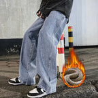 Men's Winter Fleece Loose Jeans Velvet Warm Elastic Waist Wide Leg Y2K Denim Pants Straight Comfortable Brand Men's Clothing - Matrix Studios