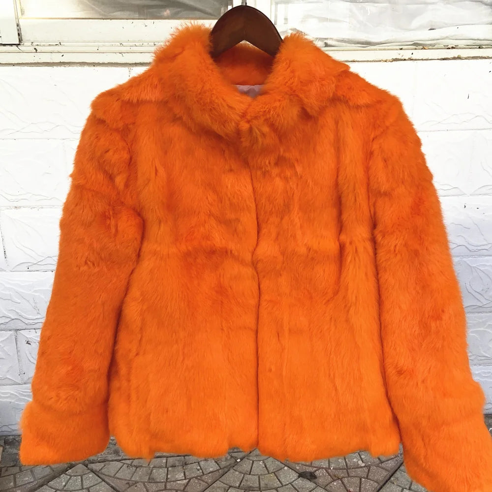QUEENTINA Real Rabbit Fur Coat Woman Luxury Fashion Leather Autumn Winter Jacket Whole Skin 2023 For Female Natural Feather - Matrix Studios